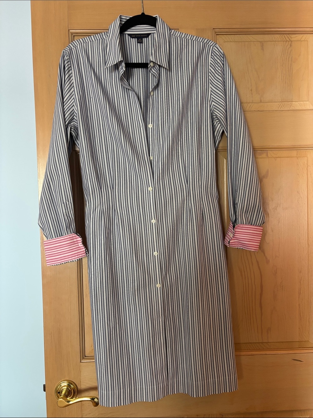 Brooks Brothers Navy and White Striped Shirt Dress with Pink Cuffs